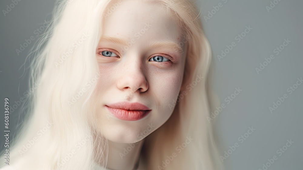 Smiling albino young woman close up portrait in white shirt on white background, happy attractive girl with albinism portrait, albino woman with absence of pigment in skin and hair, generative AI - obrazy, fototapety, plakaty 