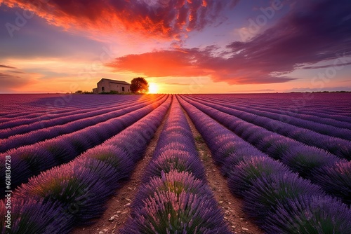 a picturesque sunset over a fragrant lavender field with a charming house in the distance