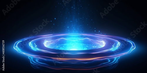 Circle blue and purple ring energy, illustration for product presentation template, copy space dark background. Ai generative