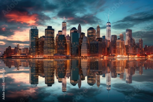 Illustration of a city skyline and its reflection in the water, Generative AI