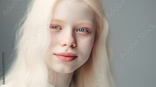 Smiling albino young woman close up portrait in white shirt on white background, happy attractive girl with albinism portrait, albino woman with absence of pigment in skin and hair, generative AI photo