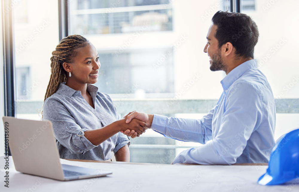 Architecture, handshake and woman with partner for construction planning, thank you and success or deal in office. B2b, diversity and engineering meeting of contractor or happy people shaking hands Architecture, handshake and woman with partner for construction planning, thank you and success or deal in office. B2b, diversity and engineering meeting of contractor or happy people shaking hands
