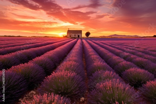 a serene countryside with a beautiful lavender field and a distant house