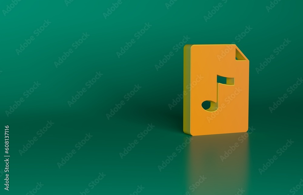 Orange MP3 file document. Download mp3 button icon isolated on green background. Mp3 music format sign. MP3 file symbol. Minimalism concept. 3D render illustration Orange MP3 file document. Download mp3 button icon isolated on green background. Mp3 music format sign. MP3 file symbol. Minimalism concept. 3D render illustration