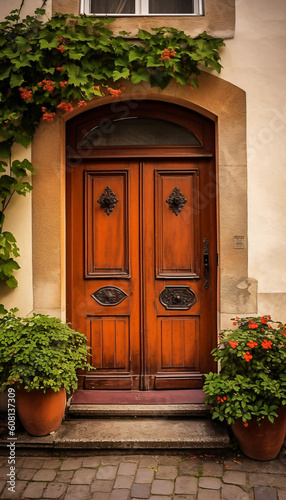 Vintage brown wooden front door on the facade of a house, AI generated