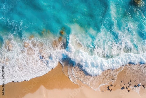 an aerial perspective of a sandy beach meeting the vast blue ocean