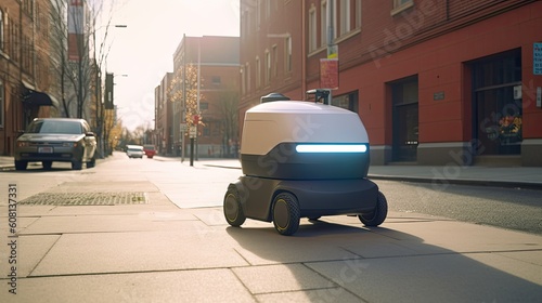 Delivery robot drives down the street sidewalk, last mile secure package delivery via automatic wireless delivery robot, cargo shipment robot rides on city street, generative AI photo