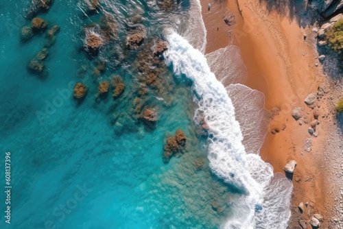An idyllic tropical beach and turquoise ocean from a bird's eye perspective