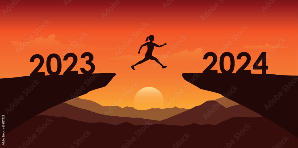 woman jumping over a cliff from 2023 to 2024 at dramatic sunset