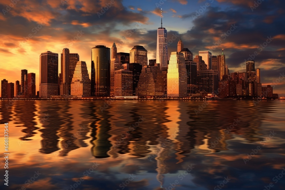 a city skyline reflected in water