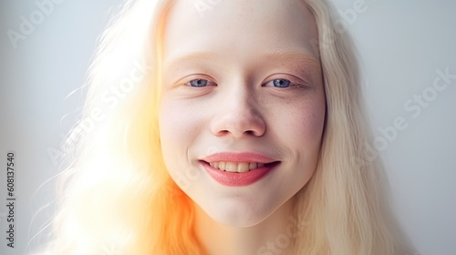 Smiling albino young woman close up portrait in white shirt on white background, happy attractive girl with albinism portrait, albino woman with absence of pigment in skin and hair, generative AI