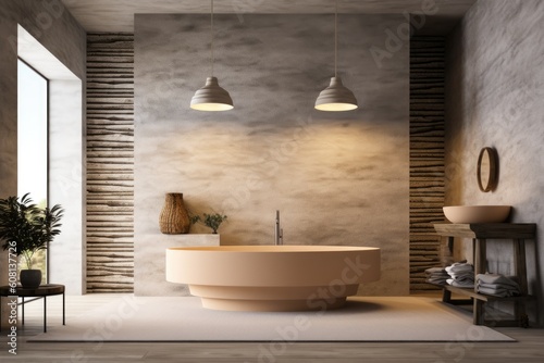 Illustration of a luxurious bathroom with a spacious bathtub and elegant lighting fixtures, Generative AI