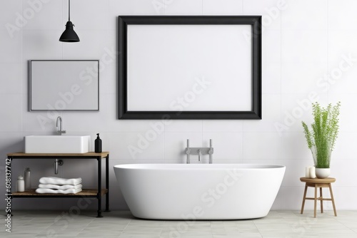 Illustration of a modern bathroom with a white tub and a black framed picture on the wall  Generative AI