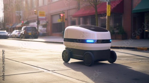 Delivery robot drives down the street sidewalk, last mile secure package delivery via automatic wireless delivery robot, cargo shipment robot rides on city street, generative AI photo