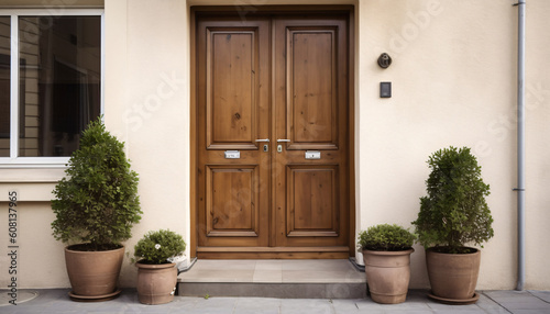 Vintage brown wooden front door on the facade of a building with windows, AI generated