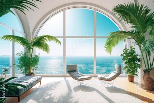 Illustration of a modern living room featuring a panoramic view of the ocean through a large window  Generative AI