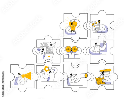 Various characters are doing business in the puzzle pieces. Vector illustration on the topic of interaction between departments and teamwork.