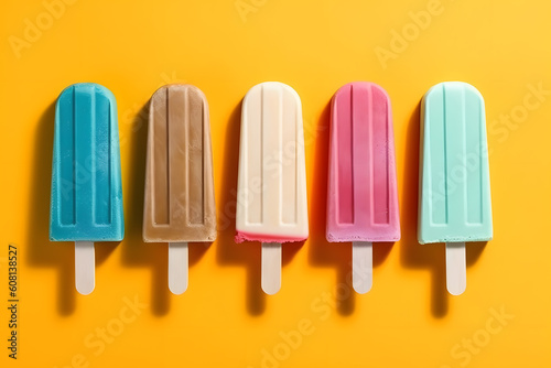diverse Colorful ice cream popsicle bright yellow background. Pop art minimal flat lay style design ai generated art Generative AI