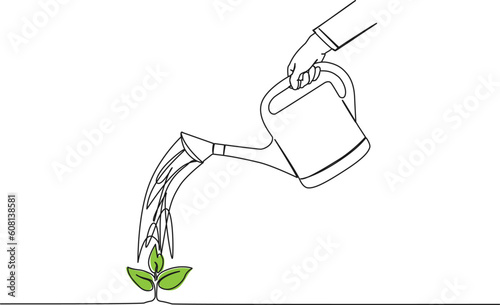 continuous single line drawing of person watering small green plant with watering can, line art vector illustration