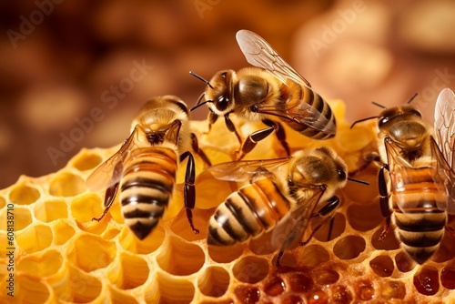 Bees on Honeycomb Image. Generative AI