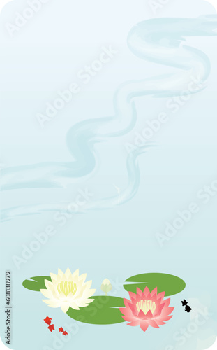 睡蓮が咲いて金魚が泳いでいる池の背景フレームイラスト