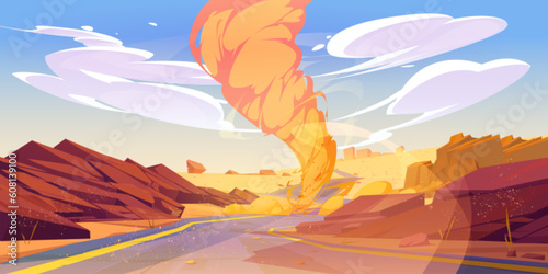 Sand tornado whirlwind in desert sky cartoon vector background. Sandstorm cyclone with dust weather phenomenon landscape design. Hurricane speed nature wilderness illustration in dry arizona valley