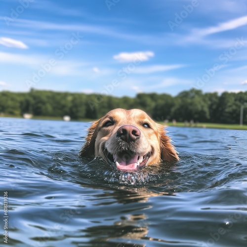 Dog swimming in a lake with a happy face and water generative ai