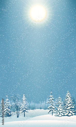 Winter scene with falling snow. Snow-covered trees on the background of the forest. Snowdrifts sparkling in the cold and frozen fir trees. Christmas snowfall. Vector illustration.