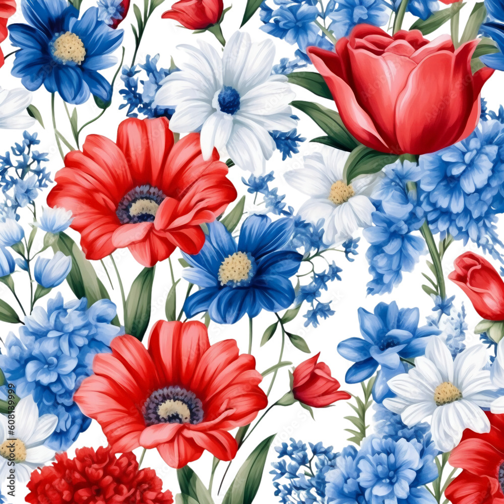 4th of July Flowers Background Sublimation, 4th of July Watercolor Clipart. Red, Blue and White Watercolor Flowers Background.