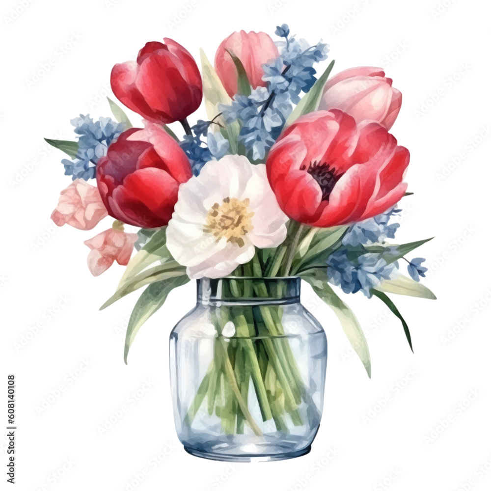 4th of July Flowers Jar Sublimation, 4th of July Watercolor Clipart. Red, Blue and White Watercolor Flowers.