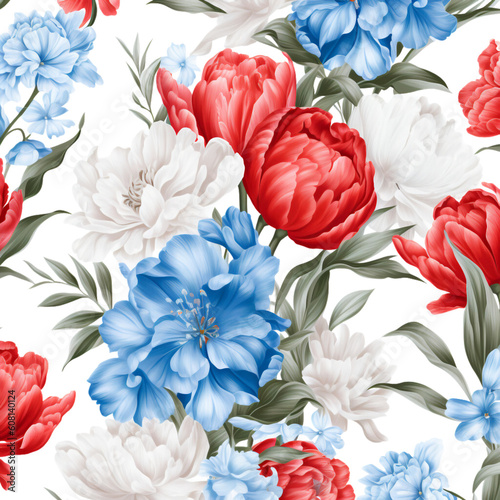 4th of July Flowers Background Sublimation  4th of July Watercolor Clipart. Red  Blue and White Watercolor Flowers Background.