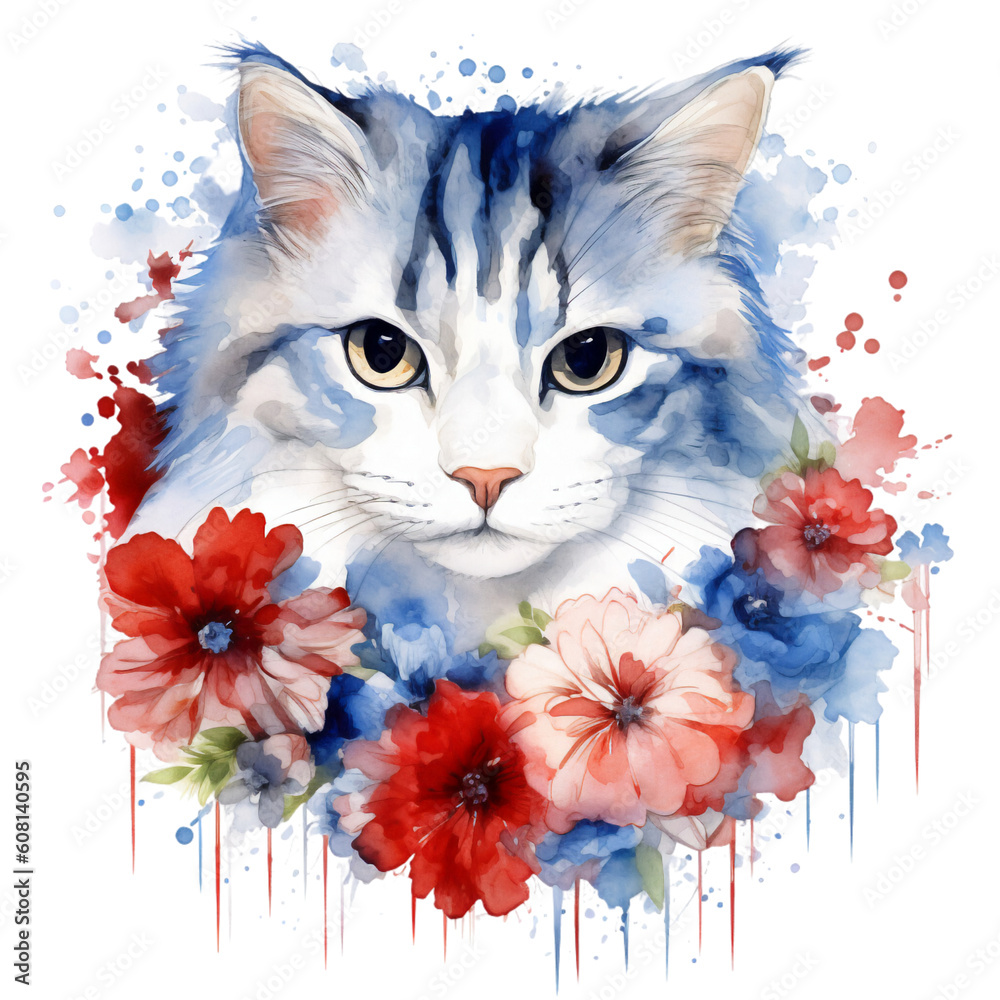 Fototapeta 4th of July Floral Cat Sublimation, 4th of July Watercolor Cat Clipart. Red, Blue and White Watercolor Flowers.