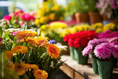 Vibrant Display of Potted Plants and Flowers at Outdoor Market - AI Generative