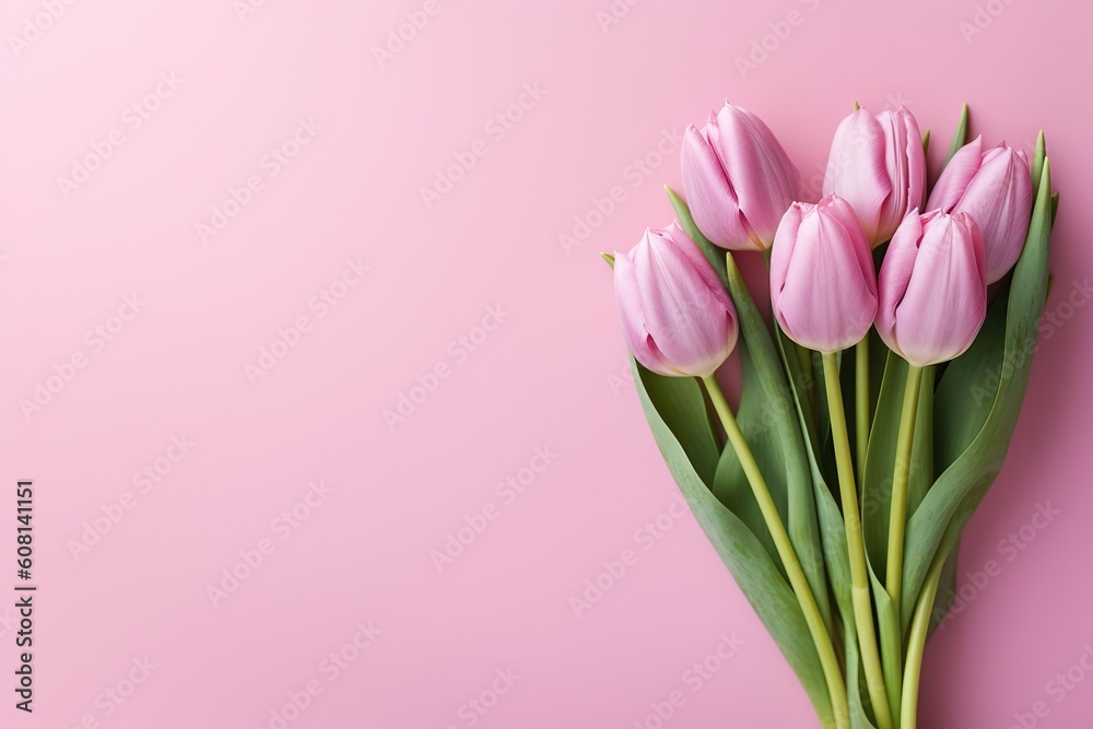 Pink Tulips Flowers Bouquet with Pink Background