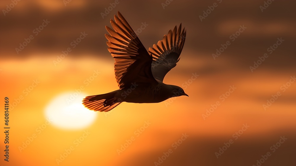 Obraz premium Bird Flying on Sunset Sky, Image Ai Generated