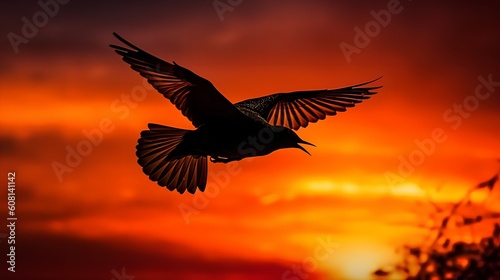 Bird Flying on Sunset Sky, Image Ai Generated