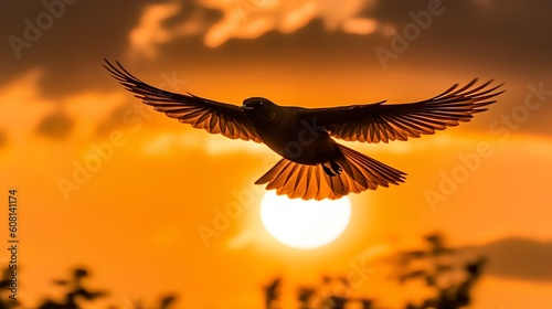 Bird Flying on Sunset Sky, Image Ai Generated