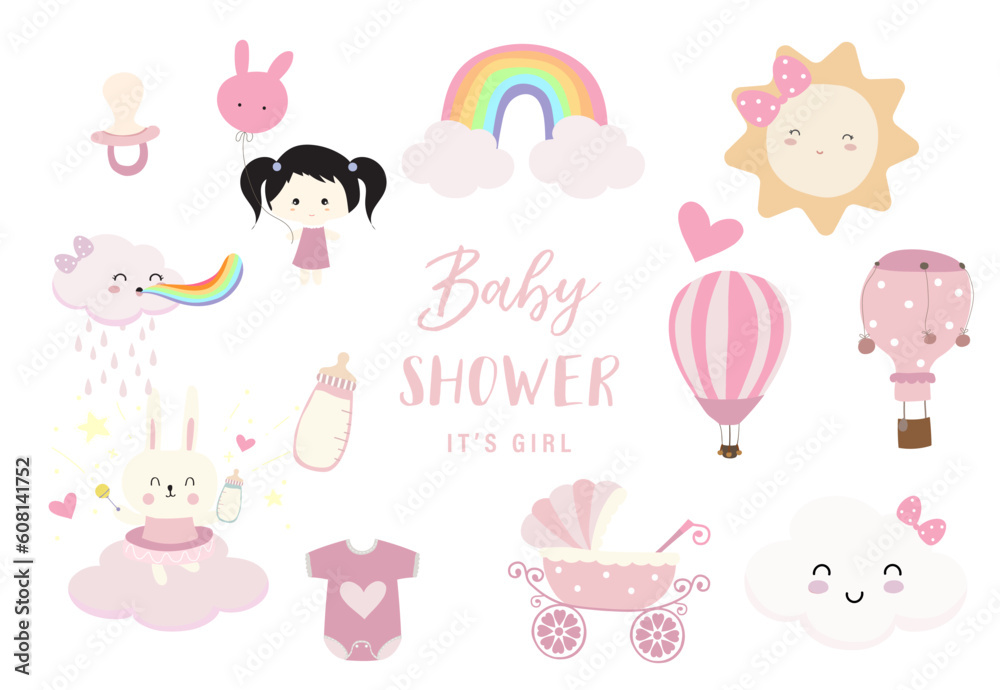 Baby shower object for girl with sky,balloon, rainbow, cloud