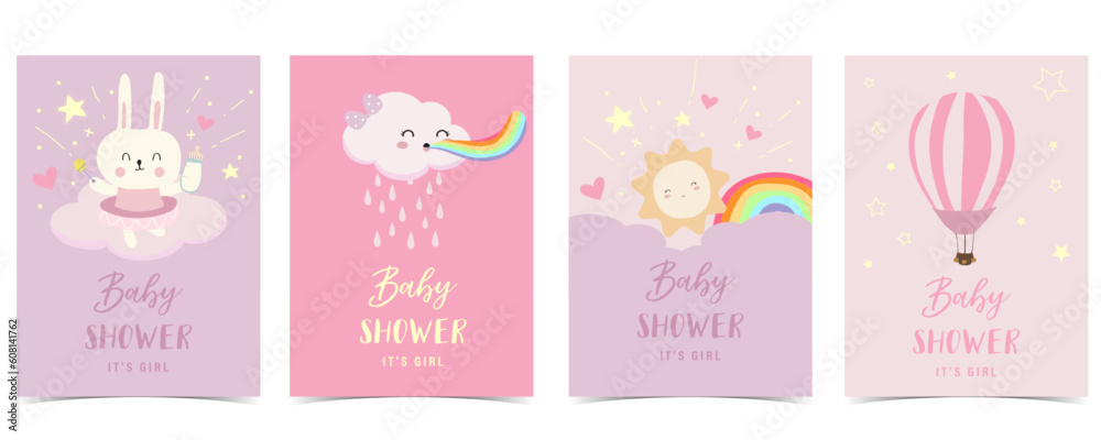 Baby shower invitation card for girl with sky,balloon, rainbow, cloud
