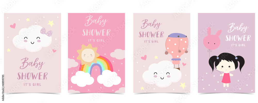 Baby shower invitation card for girl with sky,balloon, rainbow, cloud Baby shower invitation card for girl with sky,balloon, rainbow, cloud