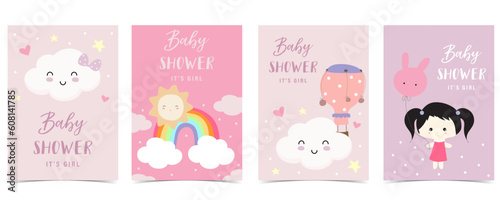 Baby shower invitation card for girl with sky,balloon, rainbow, cloud