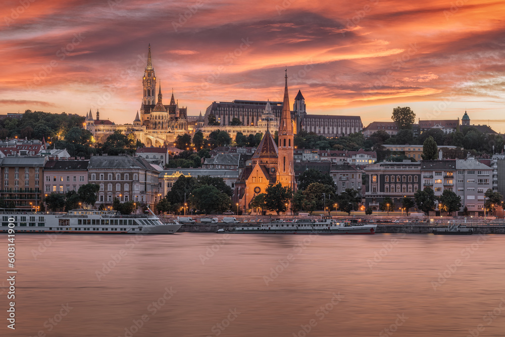 View of The Fisherman's Bastion, The Matthias Church and The Reformed Church on Szilagyi-Dezo Square from The Opposite Side of The Danube.