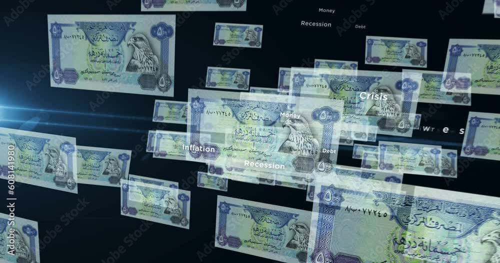 Emirates Dirham Dubai AED banknote loop. Flying between transparent money Dubai note. 3D seamless looped abstract concept of business, economy, finance, crisis and banking. Emirates Dirham Dubai AED banknote loop. Flying between transparent money Dubai note. 3D seamless looped abstract concept of business, economy, finance, crisis and banking.