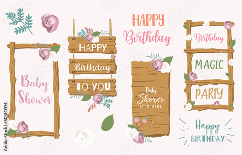 Wood frame collection for safari design.Editable vector illustration for birthday invitation,postcard and sticker