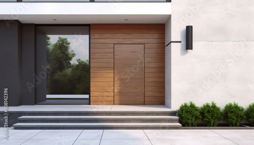 Modern door with glass on the facade of a house or cottage in a high-tech minimalist style, generated AI