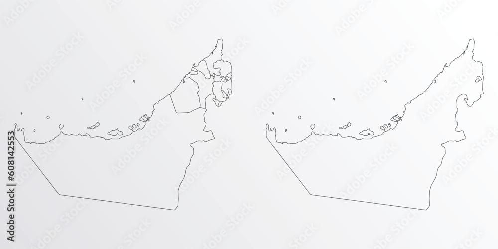 Black Outline vector Map of United Arab Emirates with regions on white ...