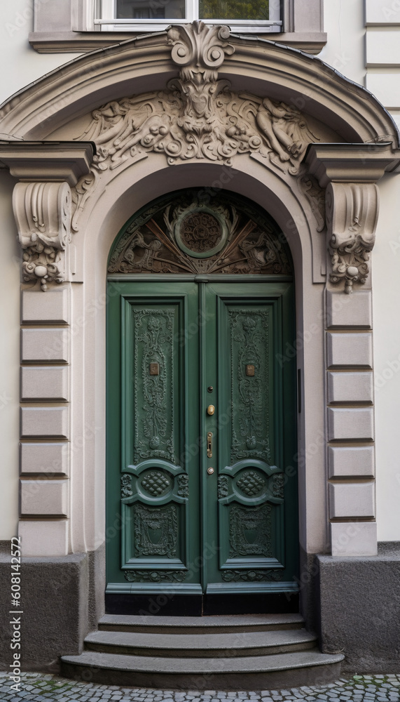 Vintage green wooden entrance door on the facade of the building, AI generated