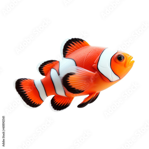 Side view of clown fish, orange, white and black colors on cutout PNG transparent background. Generative AI