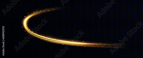 Golden glowing swirl. The effect of moving at the speed of light. Easy trail. Shiny wavy path. Vector.Neon light.