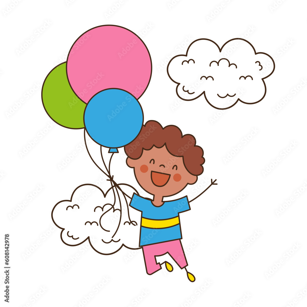 Happy cartoon Little Boy flying on colorful balloons near the clouds.Cute Child in doodle style. Design for prints, postcards, books, web. Vector illustration isolated on white background Happy cartoon Little Boy flying on colorful balloons near the clouds.Cute Child in doodle style. Design for prints, postcards, books, web. Vector illustration isolated on white background